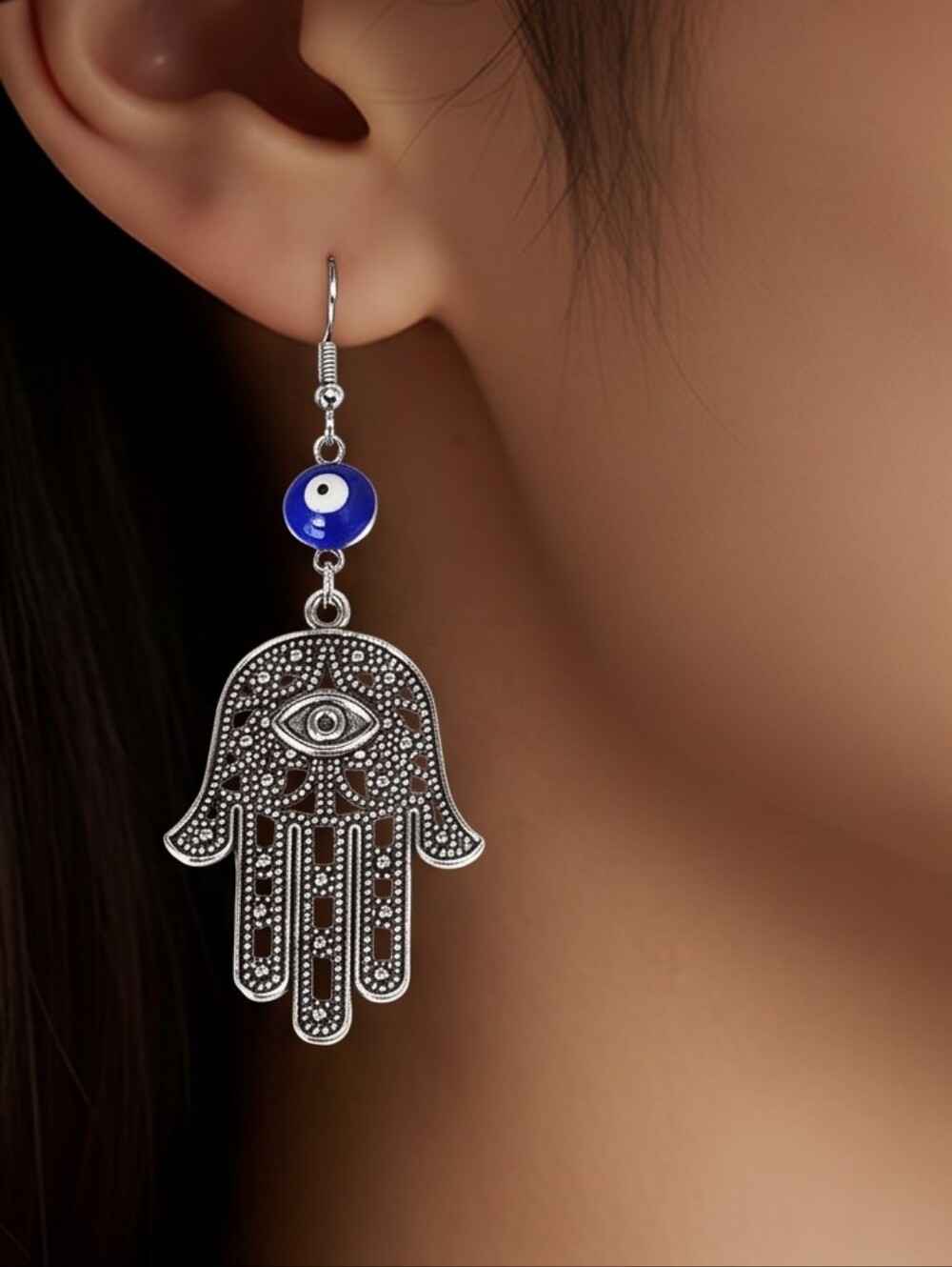 Hamsa Hand Evil Eye Earrings Silver Filigree Fatima Hand Blue Bead Dangle Boho